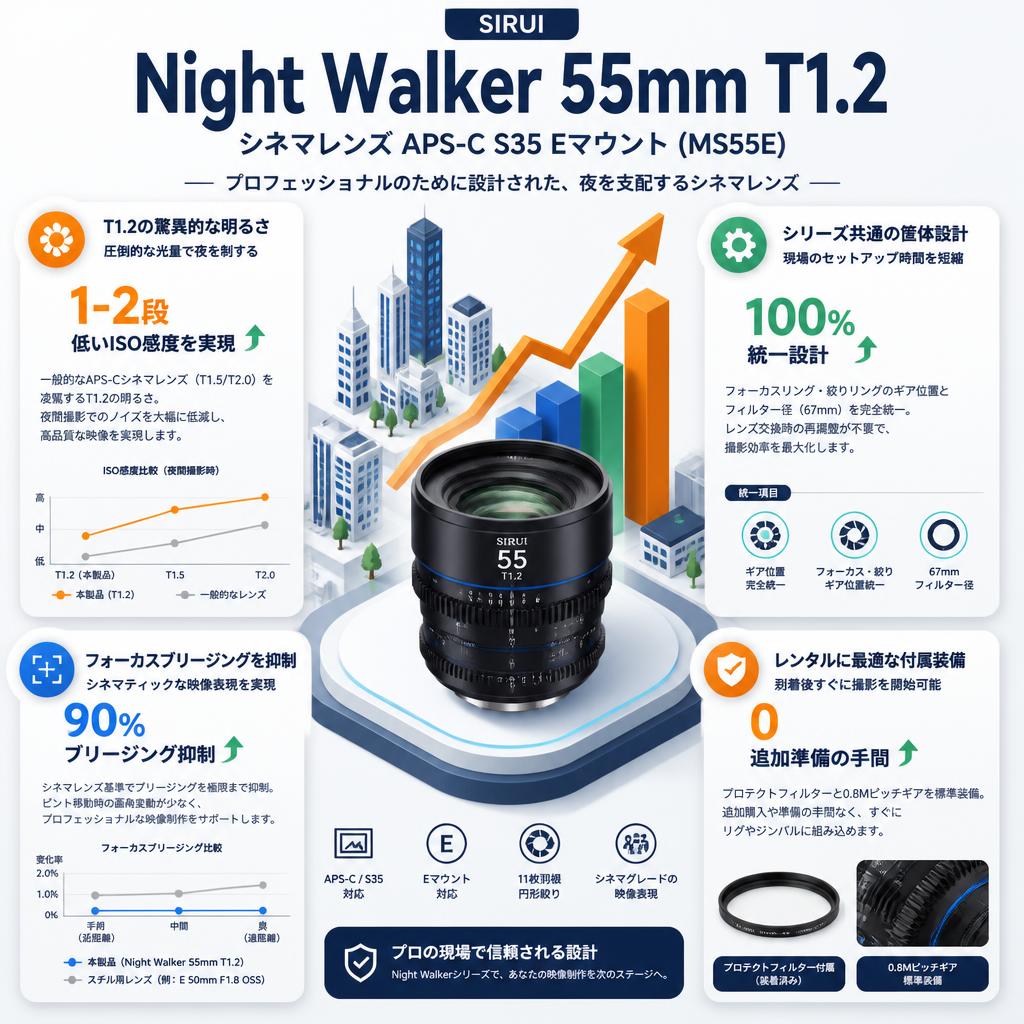 SIRUI Night Walker 55mm T1.2 シネマレンズAPS-C S35 Eマウント ( MS55E ) セールスポイント