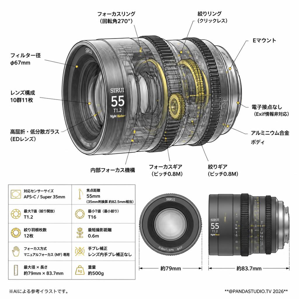 SIRUI Night Walker 55mm T1.2 シネマレンズAPS-C S35 Eマウント ( MS55E ) スペック