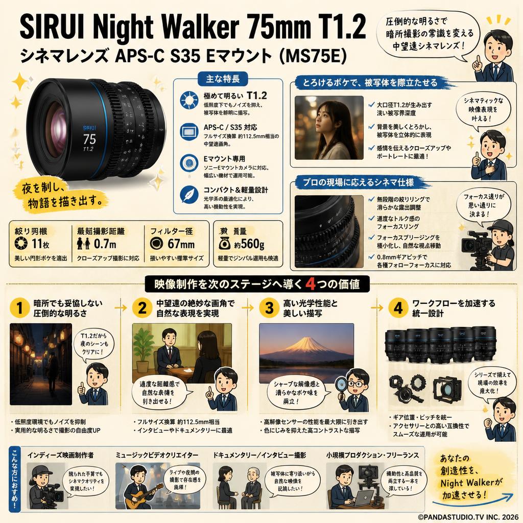 SIRUI Night Walker 75mm T1.2 シネマレンズ APS-C S35  Eマウント ( MS75E ) 概要