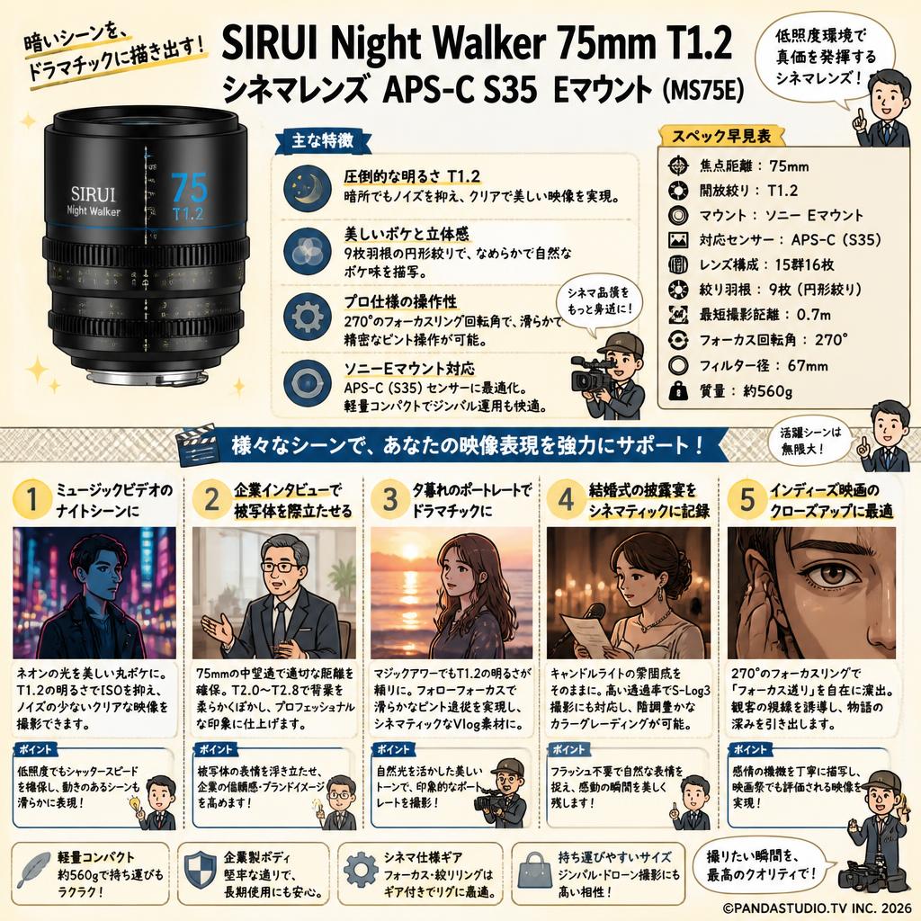 SIRUI Night Walker 75mm T1.2 シネマレンズ APS-C S35  Eマウント ( MS75E ) 用途
