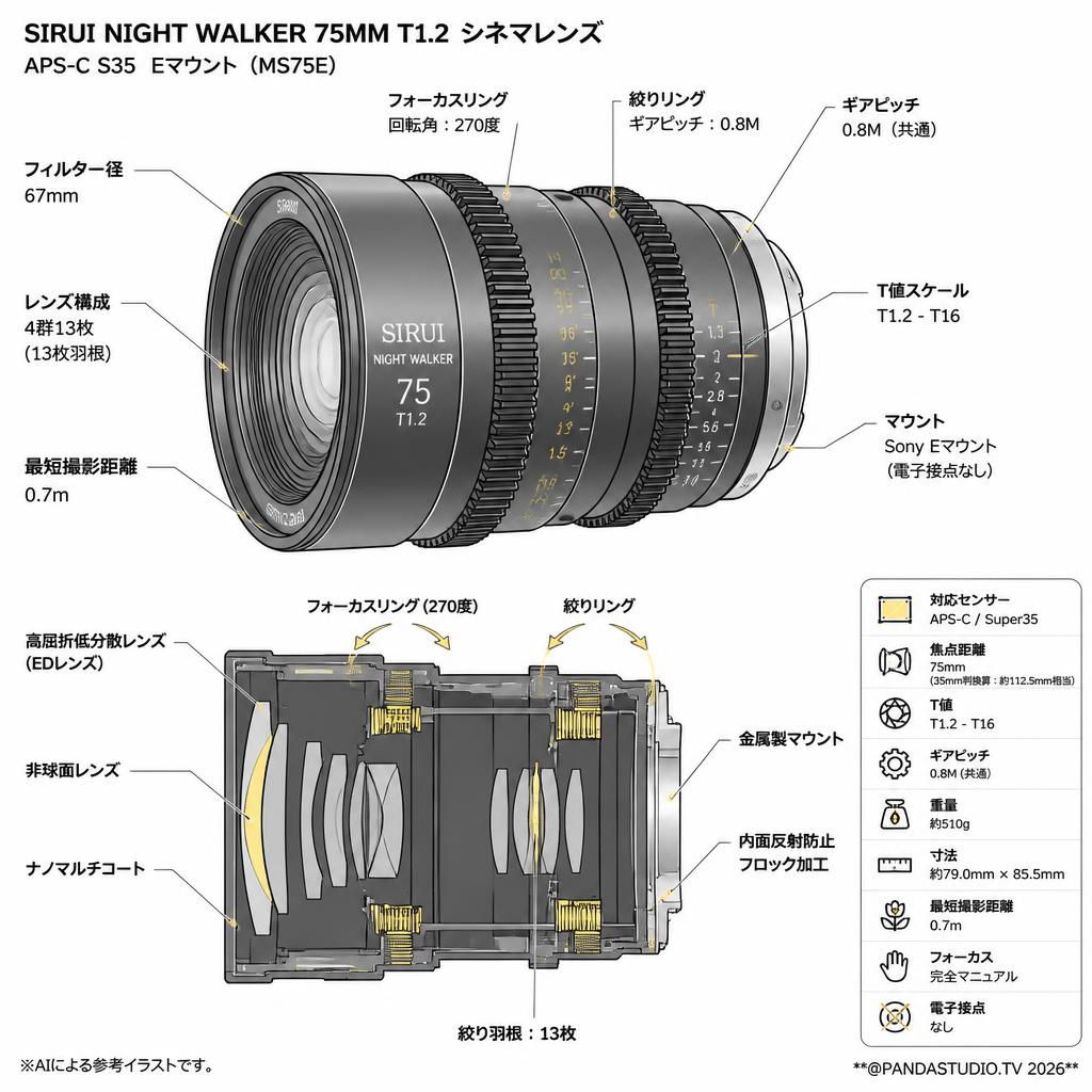 SIRUI Night Walker 75mm T1.2 シネマレンズ APS-C S35  Eマウント ( MS75E ) スペック