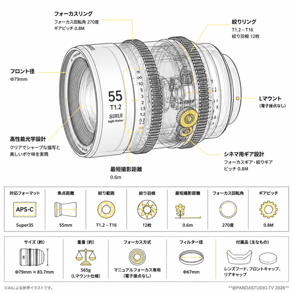 SIRUI Night Walker 55mm T1.2 シネマレンズ APS-C S35 Lマウント（ MS55L-B ） スペック