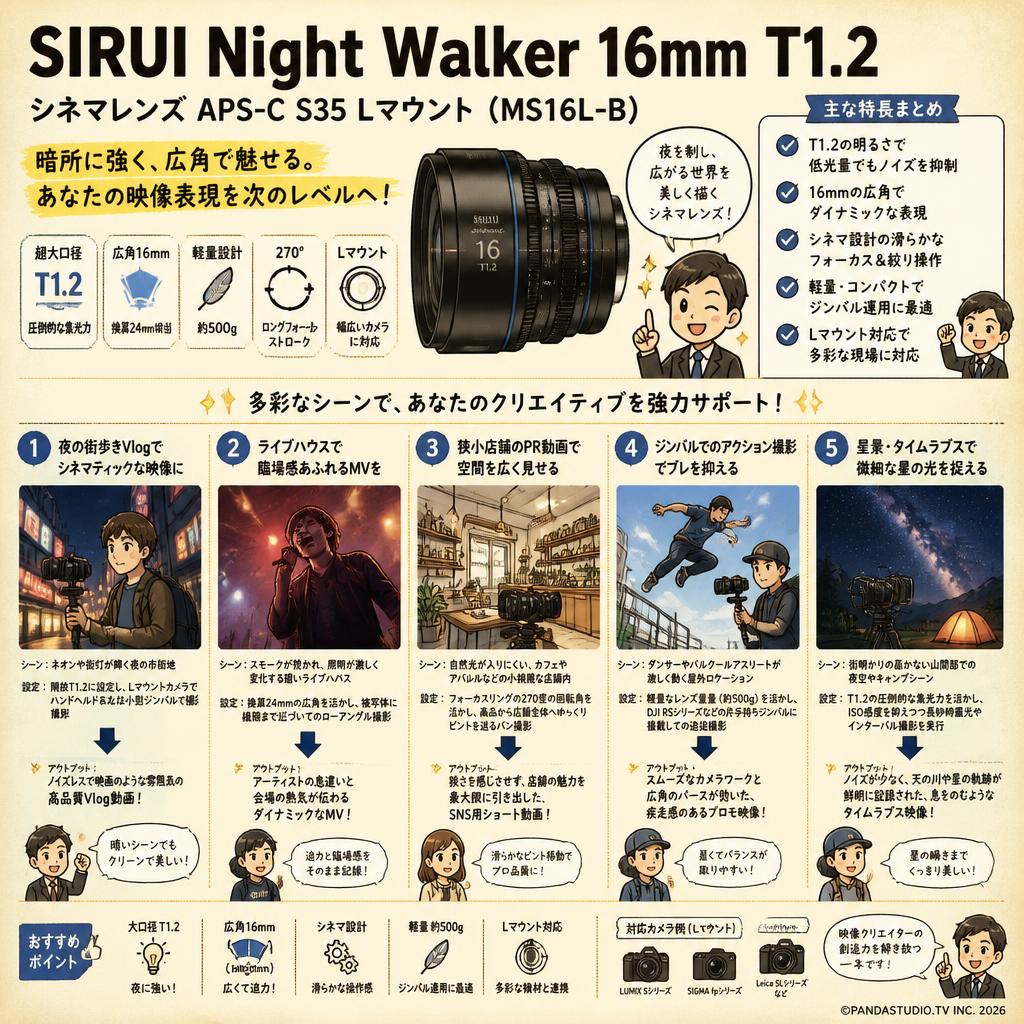 SIRUI Night Walker 16mm T1.2 シネマレンズ APS-C S35 Lマウント（ MS16L-B ） 用途