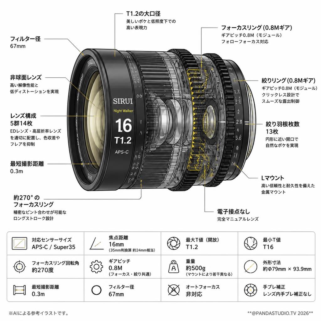 SIRUI Night Walker 16mm T1.2 シネマレンズ APS-C S35 Lマウント（ MS16L-B ） スペック