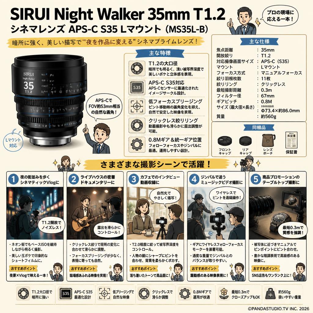 SIRUI Night Walker 35mm T1.2 シネマレンズ APS-C S35 Lマウント（ MS35L-B ） 用途
