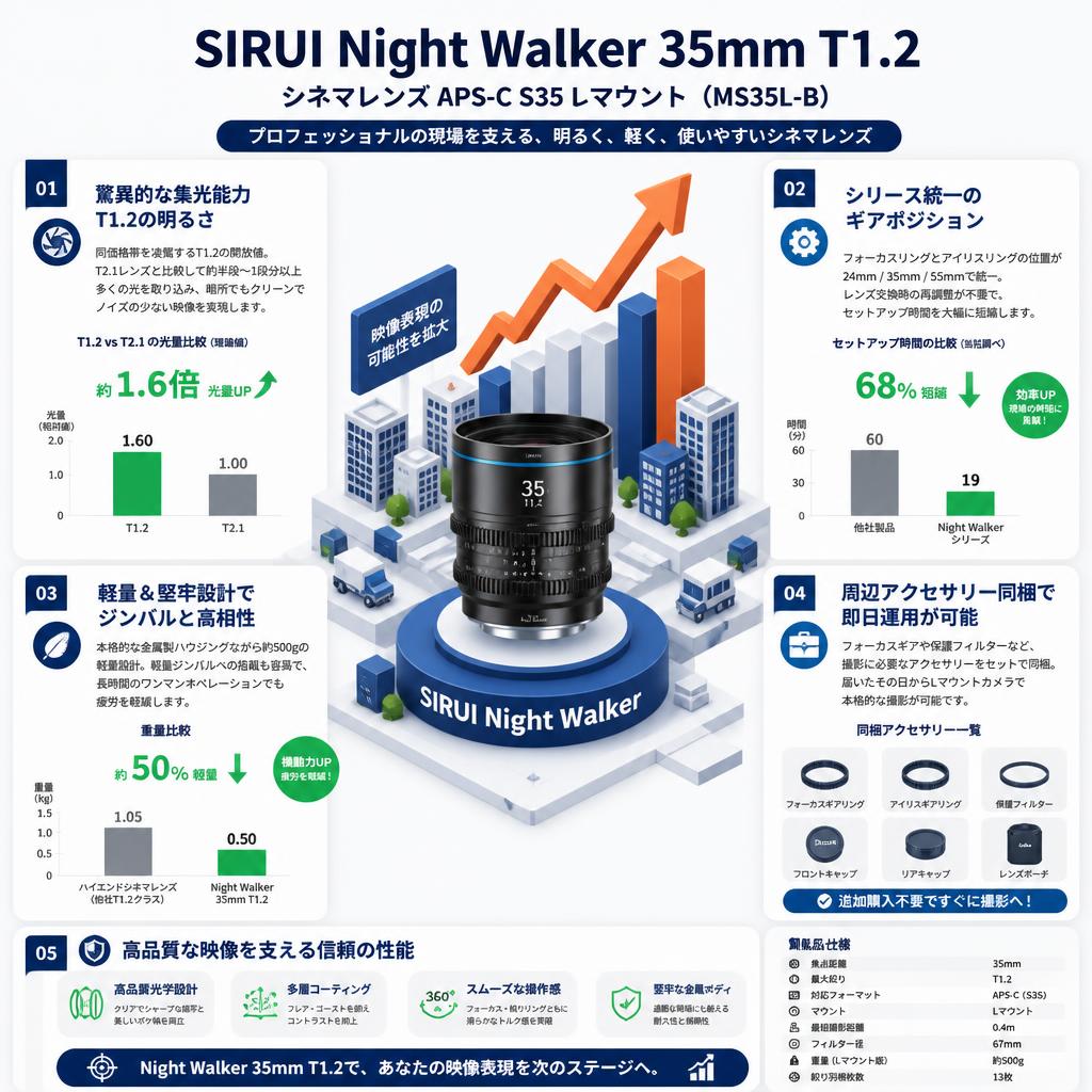 SIRUI Night Walker 35mm T1.2 シネマレンズ APS-C S35 Lマウント（ MS35L-B ） セールスポイント