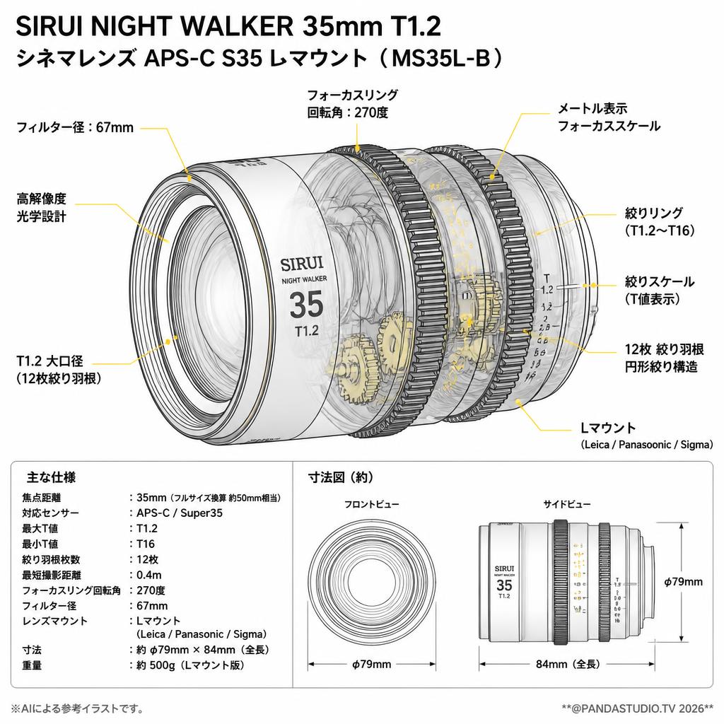 SIRUI Night Walker 35mm T1.2 シネマレンズ APS-C S35 Lマウント（ MS35L-B ） スペック