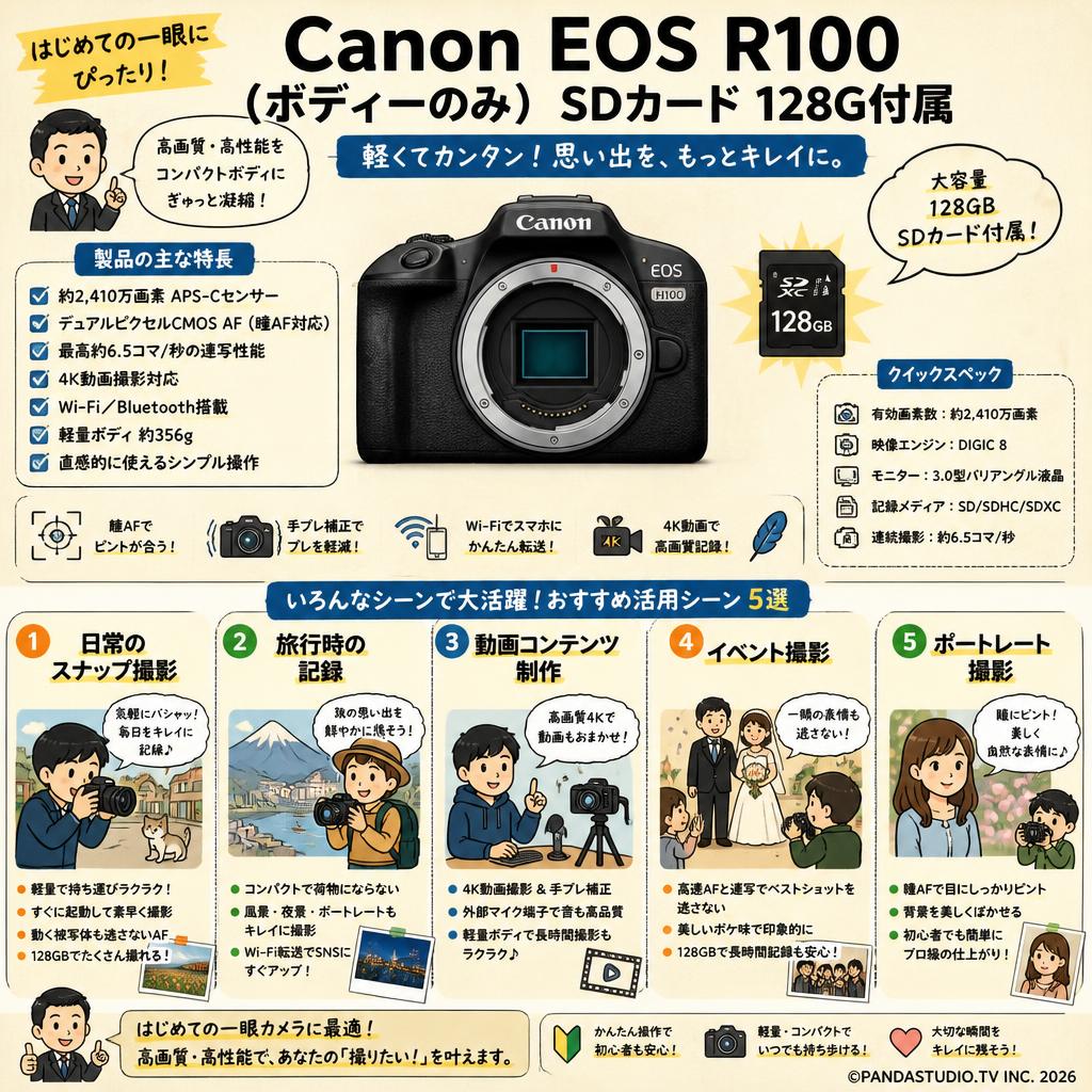 Canon EOS R100 (ボディーのみ) SDカード 128GB付属 用途