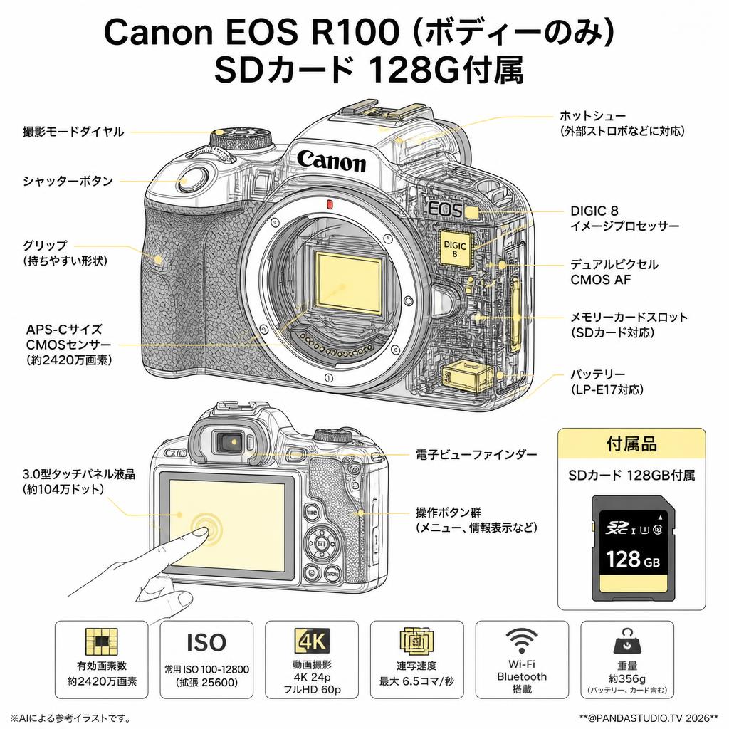 Canon EOS R100 (ボディーのみ) SDカード 128GB付属 スペック