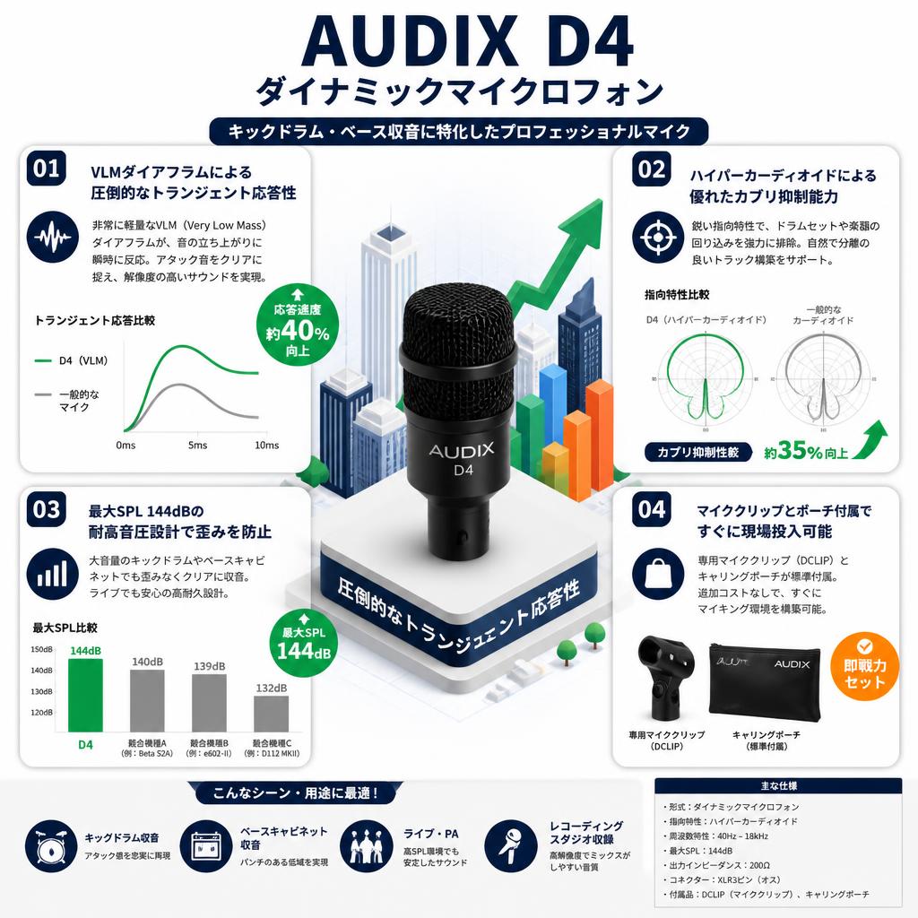 AUDIX  D4 ダイナミックマイクロフォン セールスポイント