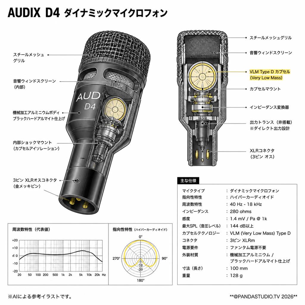 AUDIX  D4 ダイナミックマイクロフォン スペック