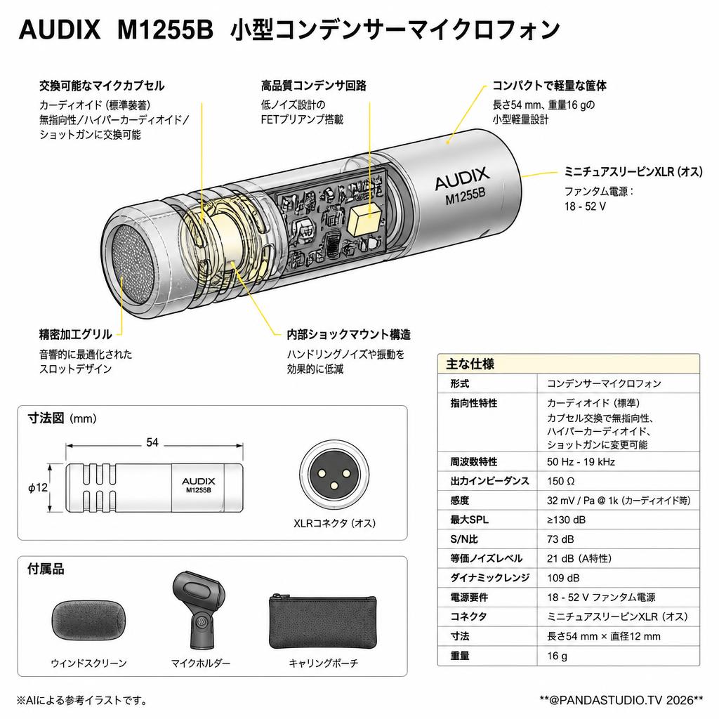 AUDIX  M1255B　小型コンデンサーマイクロフォン スペック