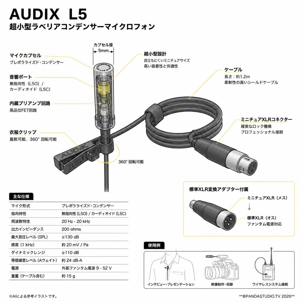 AUDIX  L5　超小型ラベリアコンデンサーマイクロフォン スペック