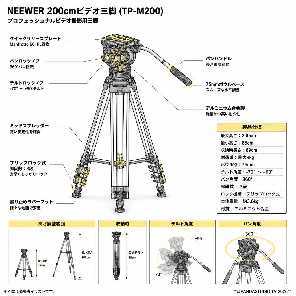 NEEWER 200cmビデオ三脚 (TP-M200) スペック