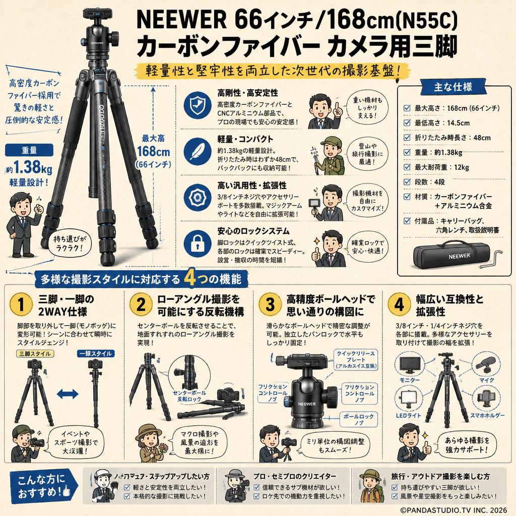 NEEWER 66インチ/168cm(N55C) カーボンファイバー カメラ用三脚 概要