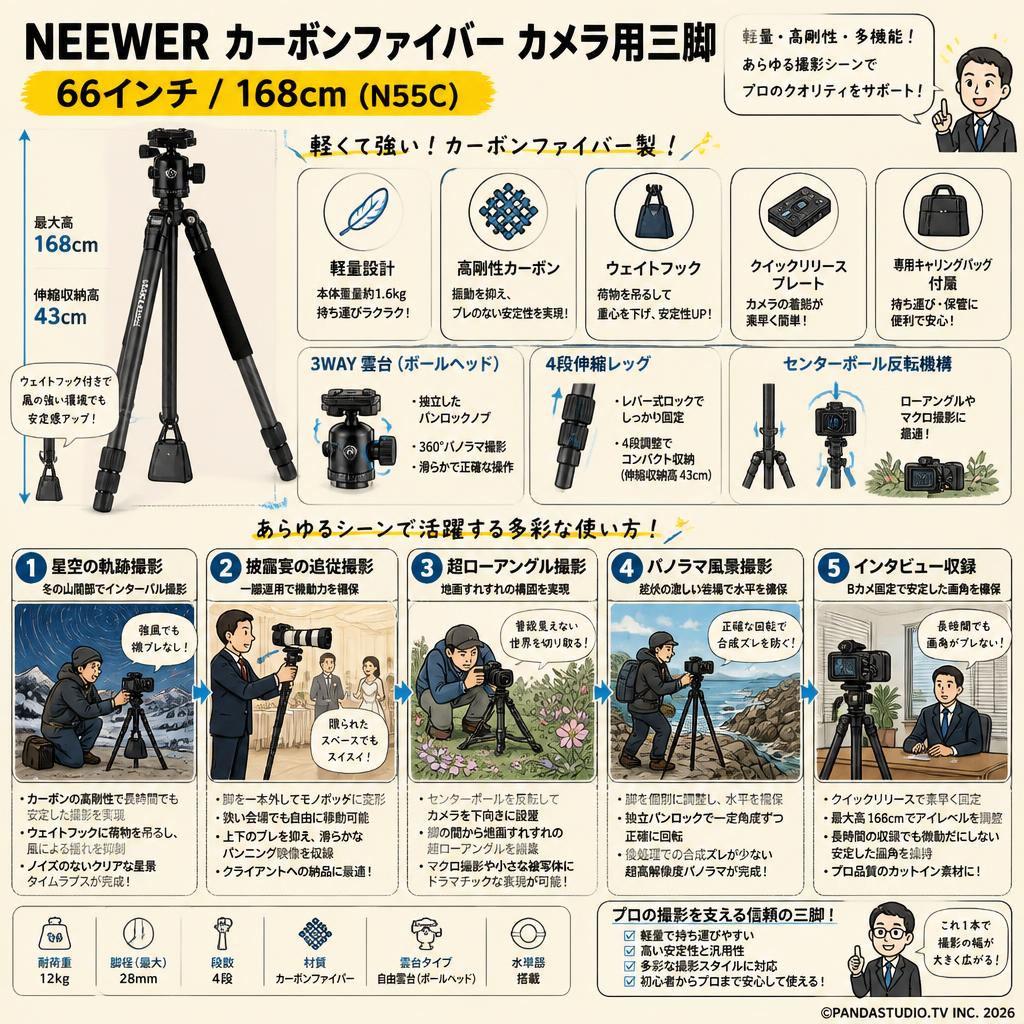 NEEWER 66インチ/168cm(N55C) カーボンファイバー カメラ用三脚 用途
