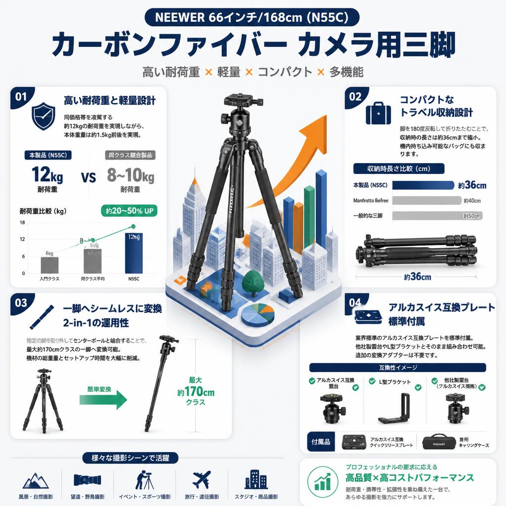 NEEWER 66インチ/168cm(N55C) カーボンファイバー カメラ用三脚 セールスポイント