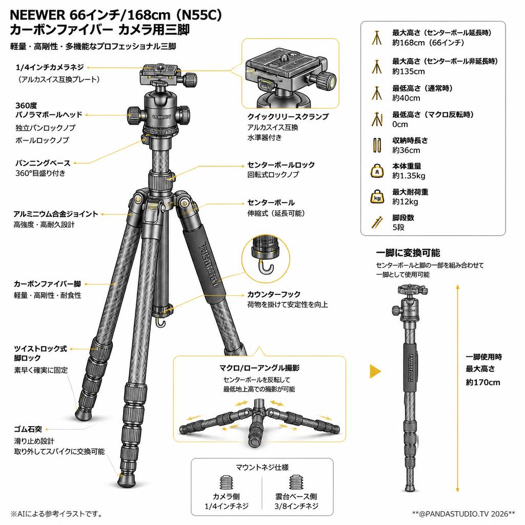 NEEWER 66インチ/168cm(N55C) カーボンファイバー カメラ用三脚 スペック