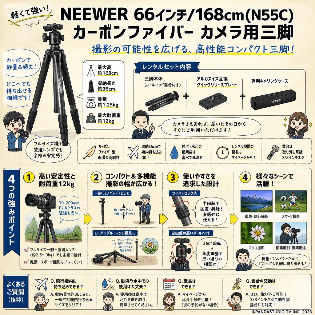NEEWER 66インチ/168cm(N55C) カーボンファイバー カメラ用三脚 FAQ（よくある質問と答え）