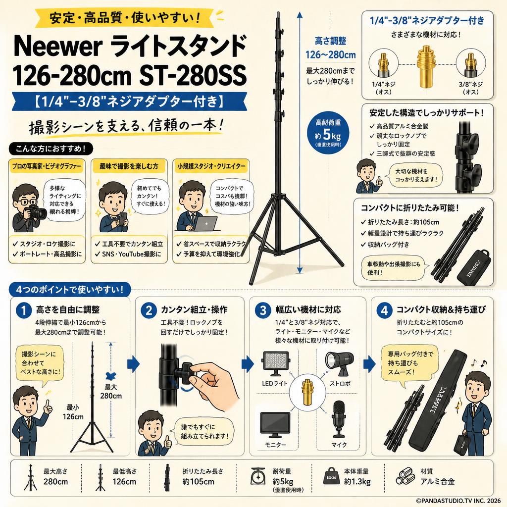 Neewer ライトスタンド 126-280cm ST-280SS【1/4"-3/8"ネジアダプター付き】 おもな対象のお客様