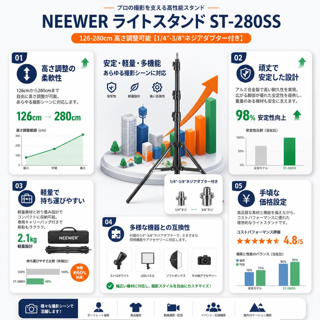 Neewer ライトスタンド 126-280cm ST-280SS【1/4"-3/8"ネジアダプター付き】 セールスポイント