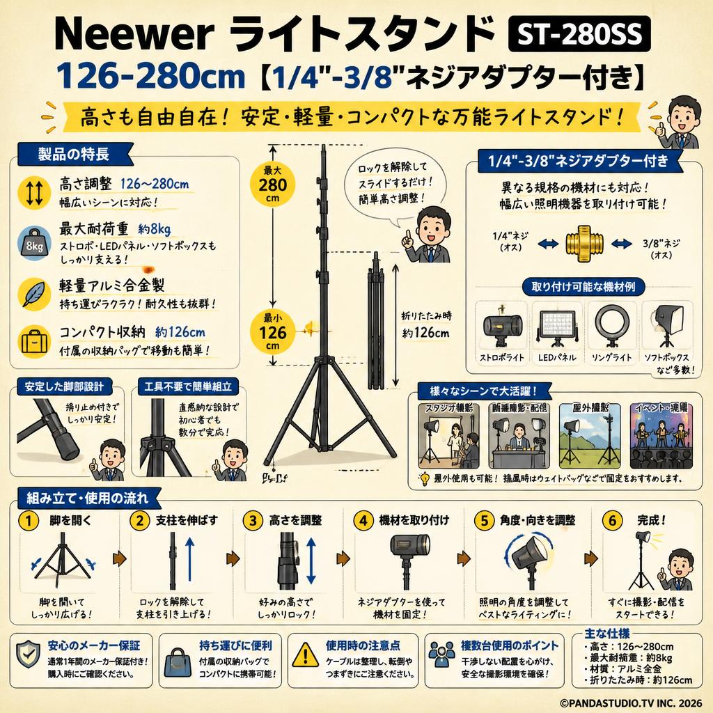 Neewer ライトスタンド 126-280cm ST-280SS【1/4"-3/8"ネジアダプター付き】 FAQ（よくある質問と答え）