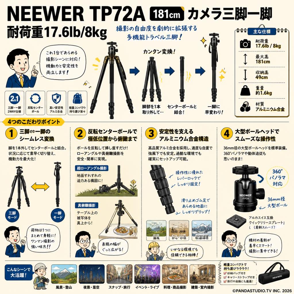 NEEWER TP72A 181cm カメラ三脚一脚 耐荷重17.6lb/8kg 概要