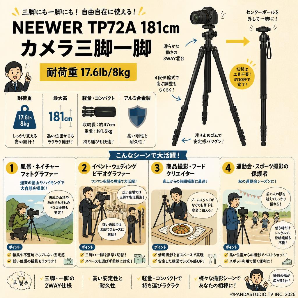 NEEWER TP72A 181cm カメラ三脚一脚 耐荷重17.6lb/8kg おもな対象のお客様
