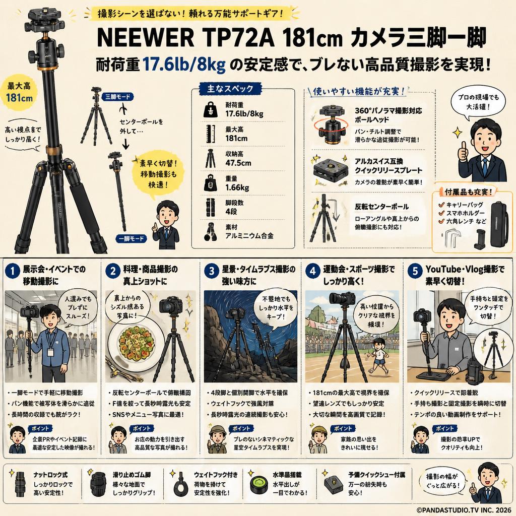 NEEWER TP72A 181cm カメラ三脚一脚 耐荷重17.6lb/8kg 用途