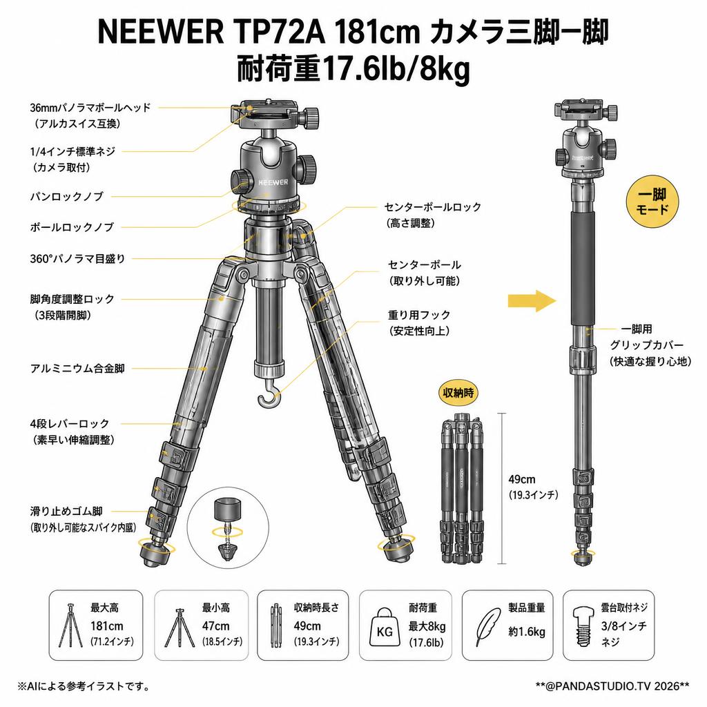 NEEWER TP72A 181cm カメラ三脚一脚 耐荷重17.6lb/8kg スペック