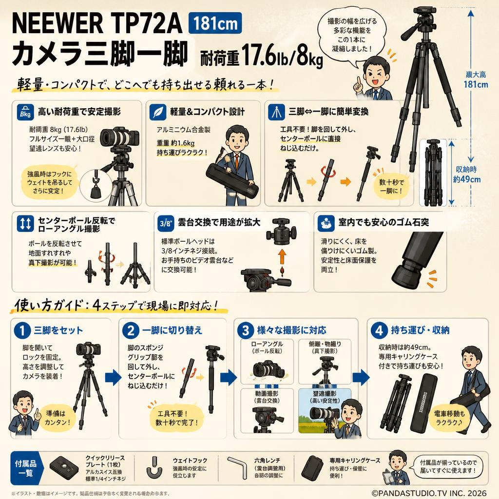 NEEWER TP72A 181cm カメラ三脚一脚 耐荷重17.6lb/8kg FAQ（よくある質問と答え）