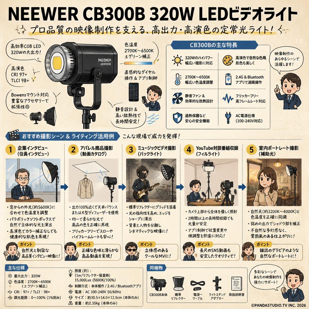 NEEWER CB300B 320W LEDビデオライト 用途
