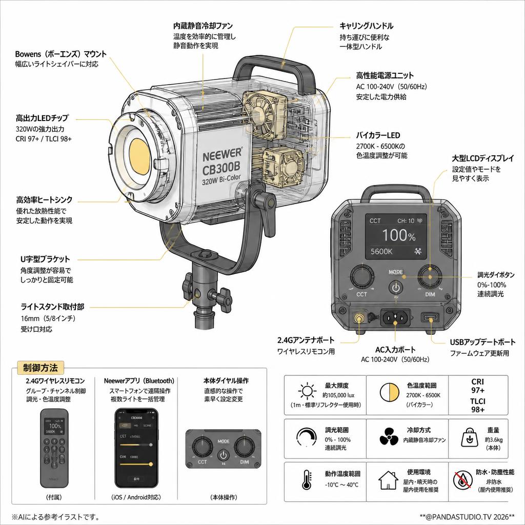 NEEWER CB300B 320W LEDビデオライト スペック