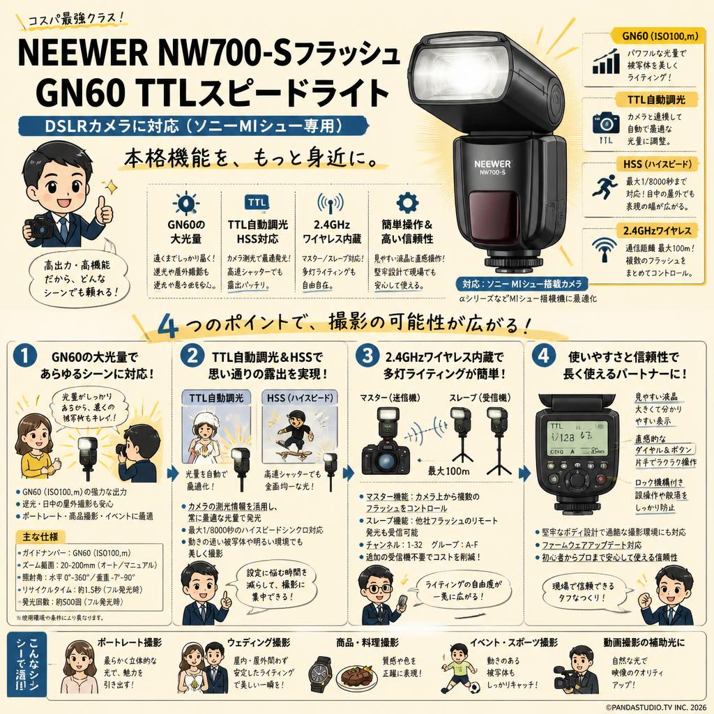NEEWER NW700-Sフラッシュ GN60 TTLスピードライト DSLRカメラに対応 概要