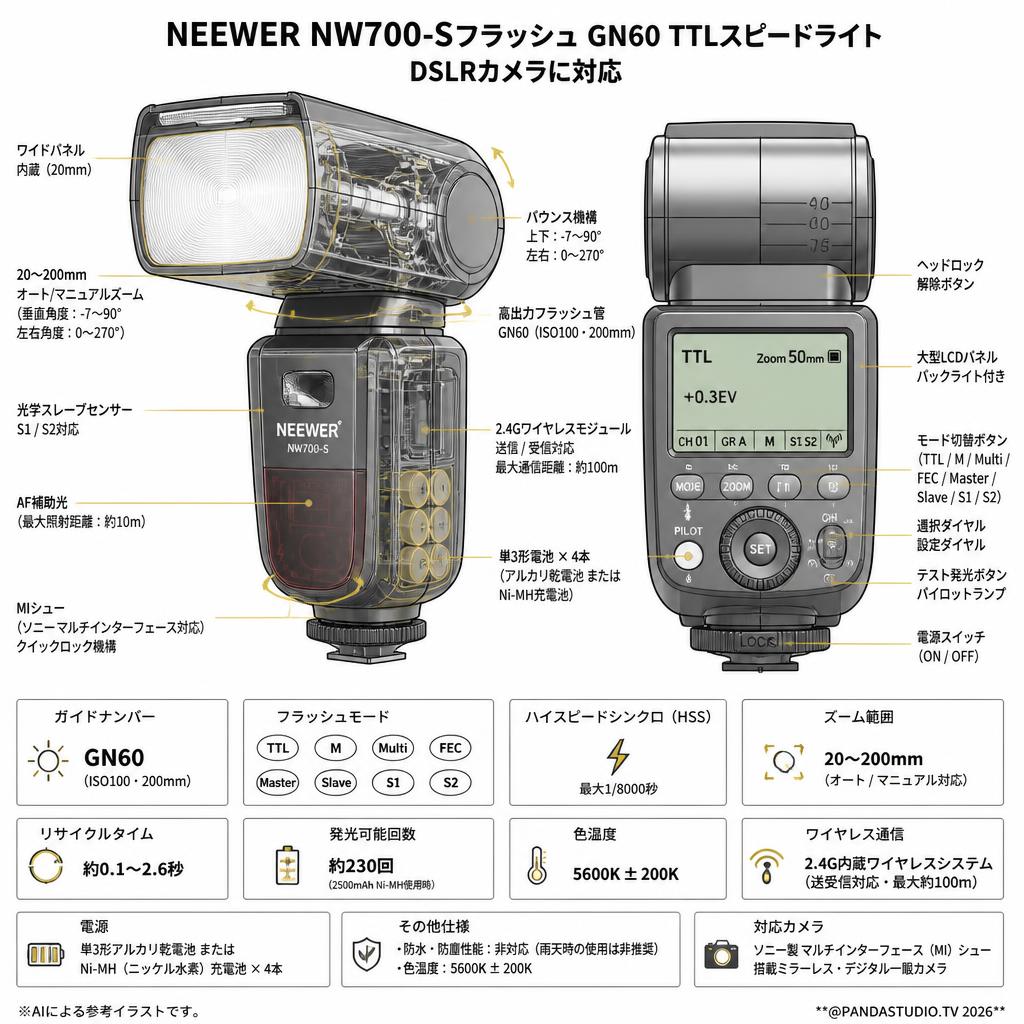 NEEWER NW700-Sフラッシュ GN60 TTLスピードライト DSLRカメラに対応 スペック