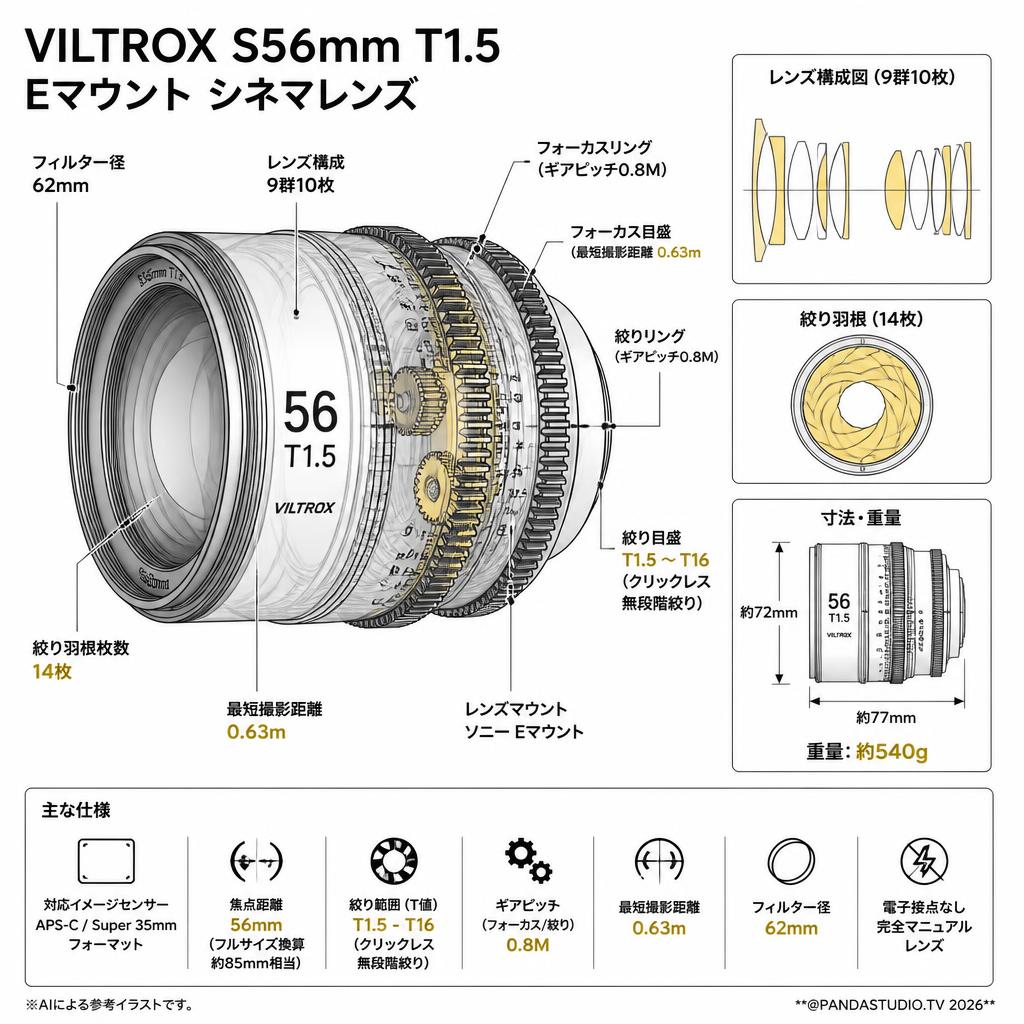 VILTROX S56mm T1.5  Eマウント シネマレンズ スペック