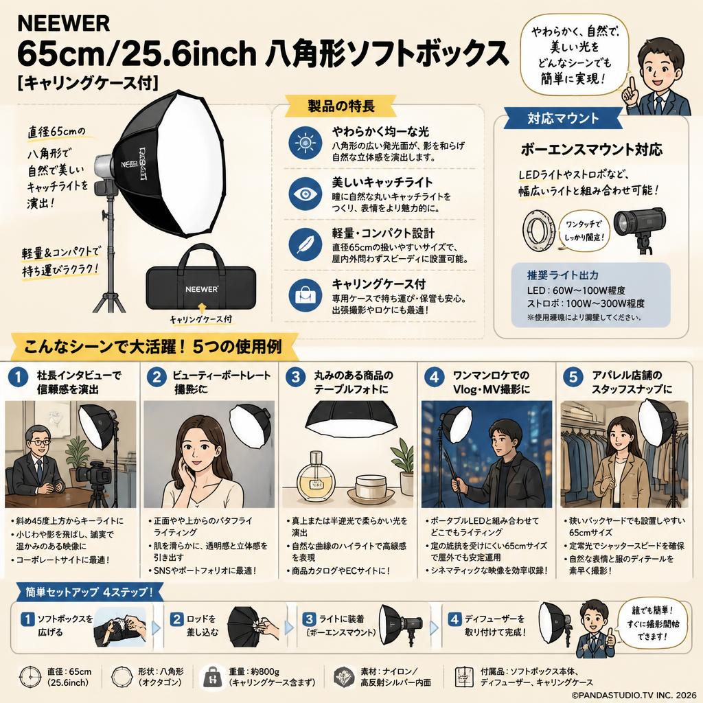 NEEWER 65cm/25.6inch八角形ソフトボックス [キャリングケース付] 用途