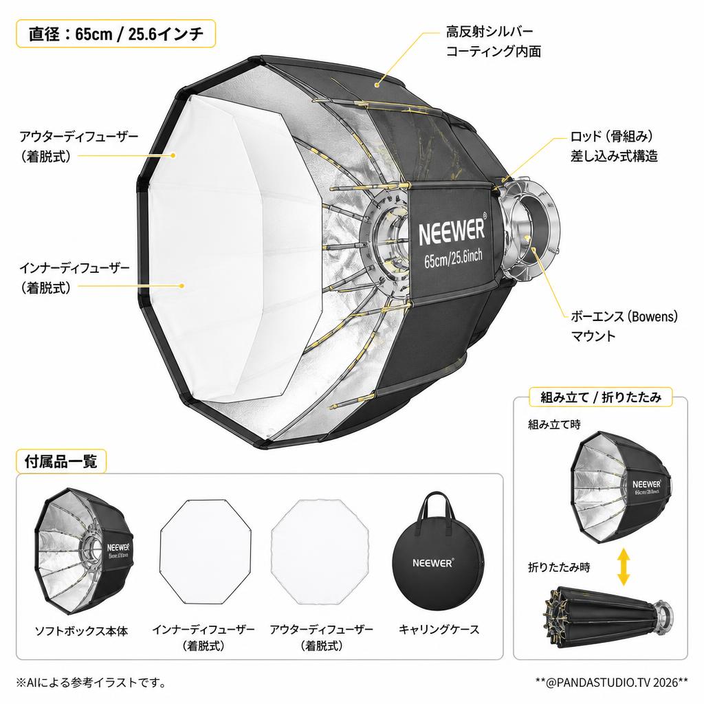 NEEWER 65cm/25.6inch八角形ソフトボックス [キャリングケース付] スペック