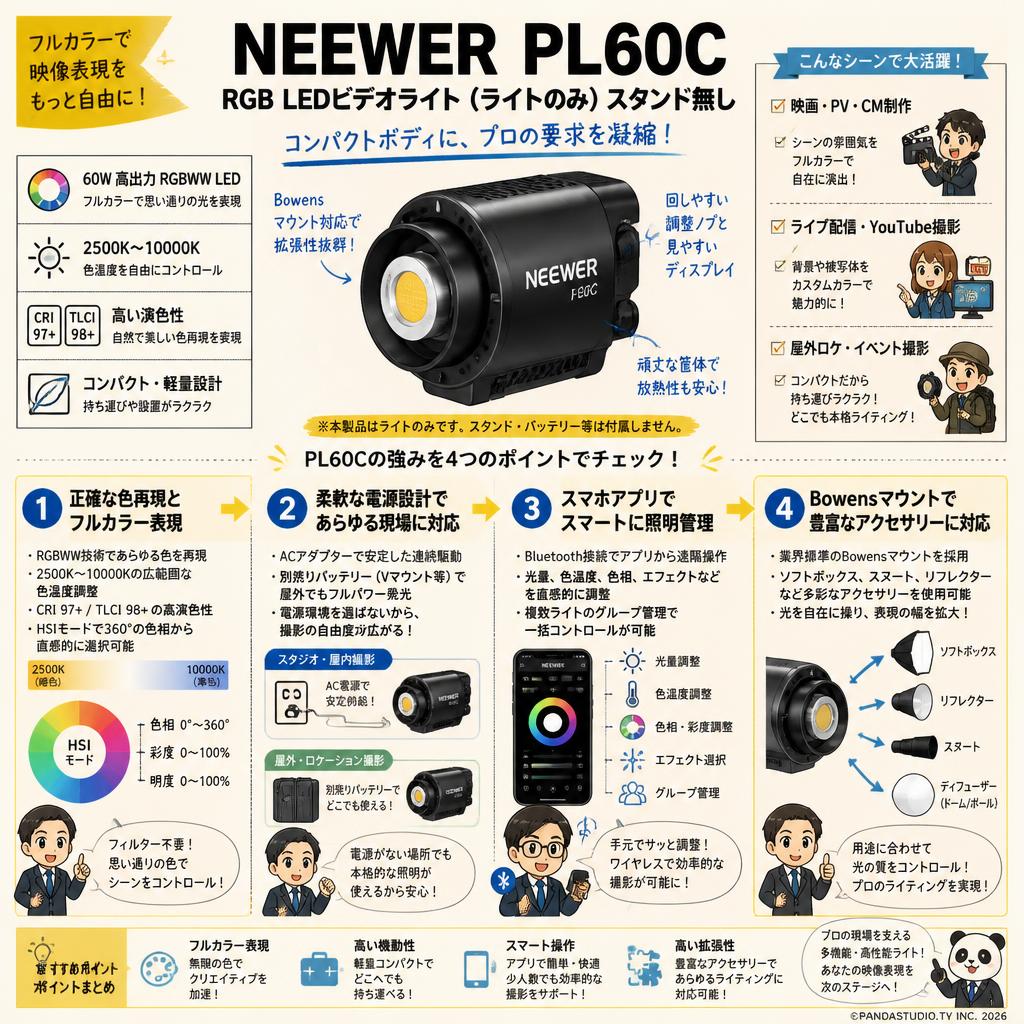NEEWER PL60C RGB LEDビデオライト(ライトのみ) スタンド無し 概要