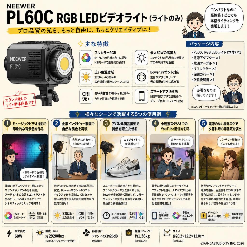 NEEWER PL60C RGB LEDビデオライト(ライトのみ) スタンド無し 用途