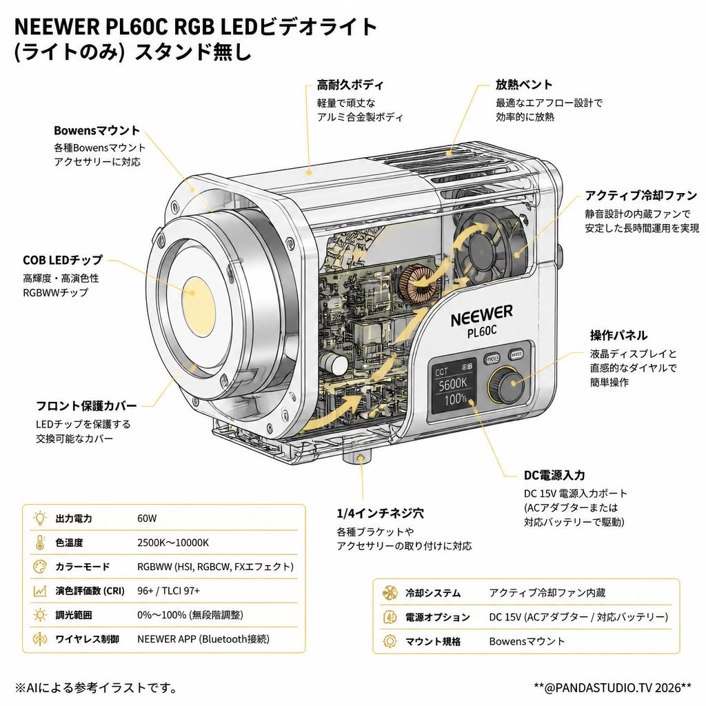 NEEWER PL60C RGB LEDビデオライト(ライトのみ) スタンド無し スペック