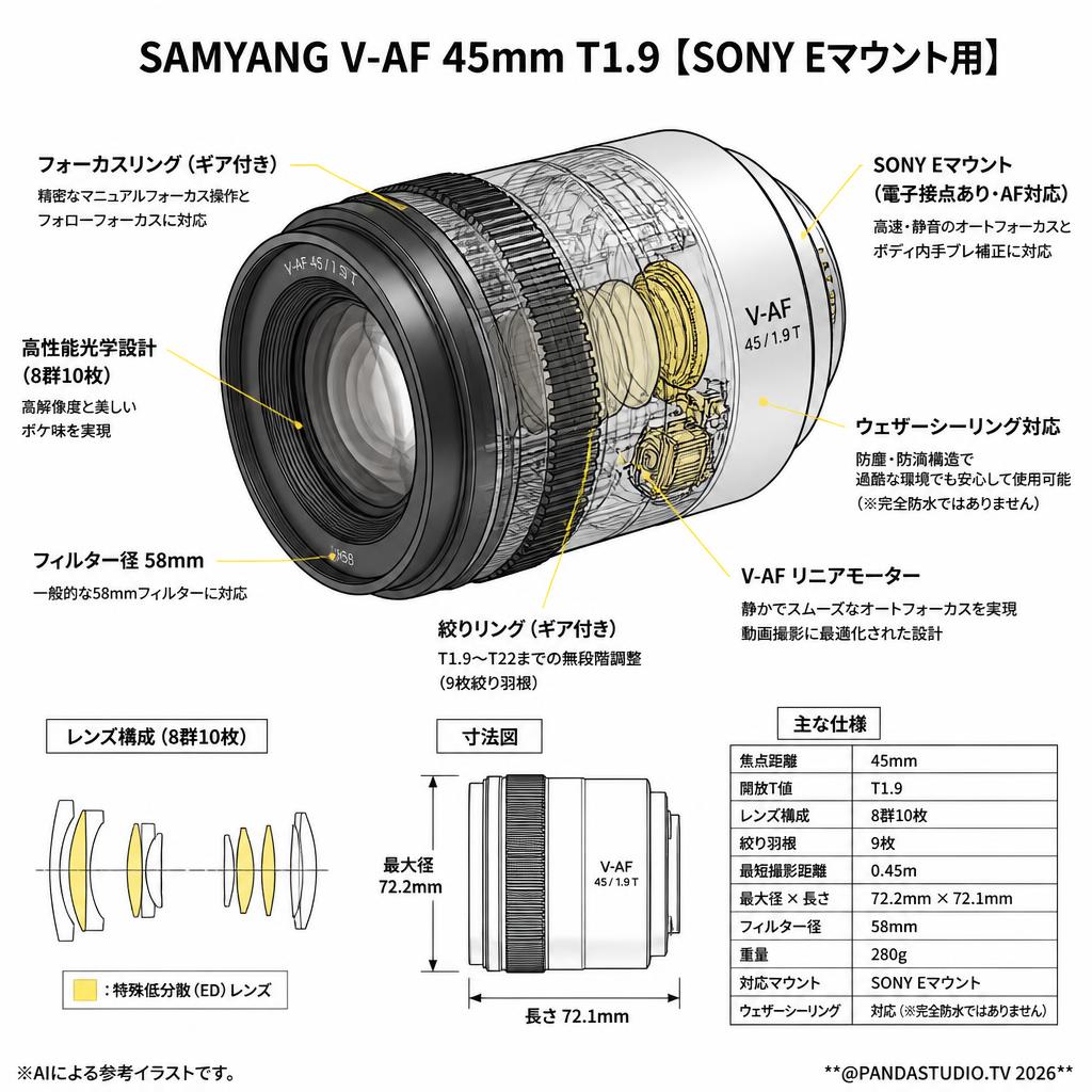 SAMYANG V-AF 45mm T1.9【SONY Eマウント用】 スペック