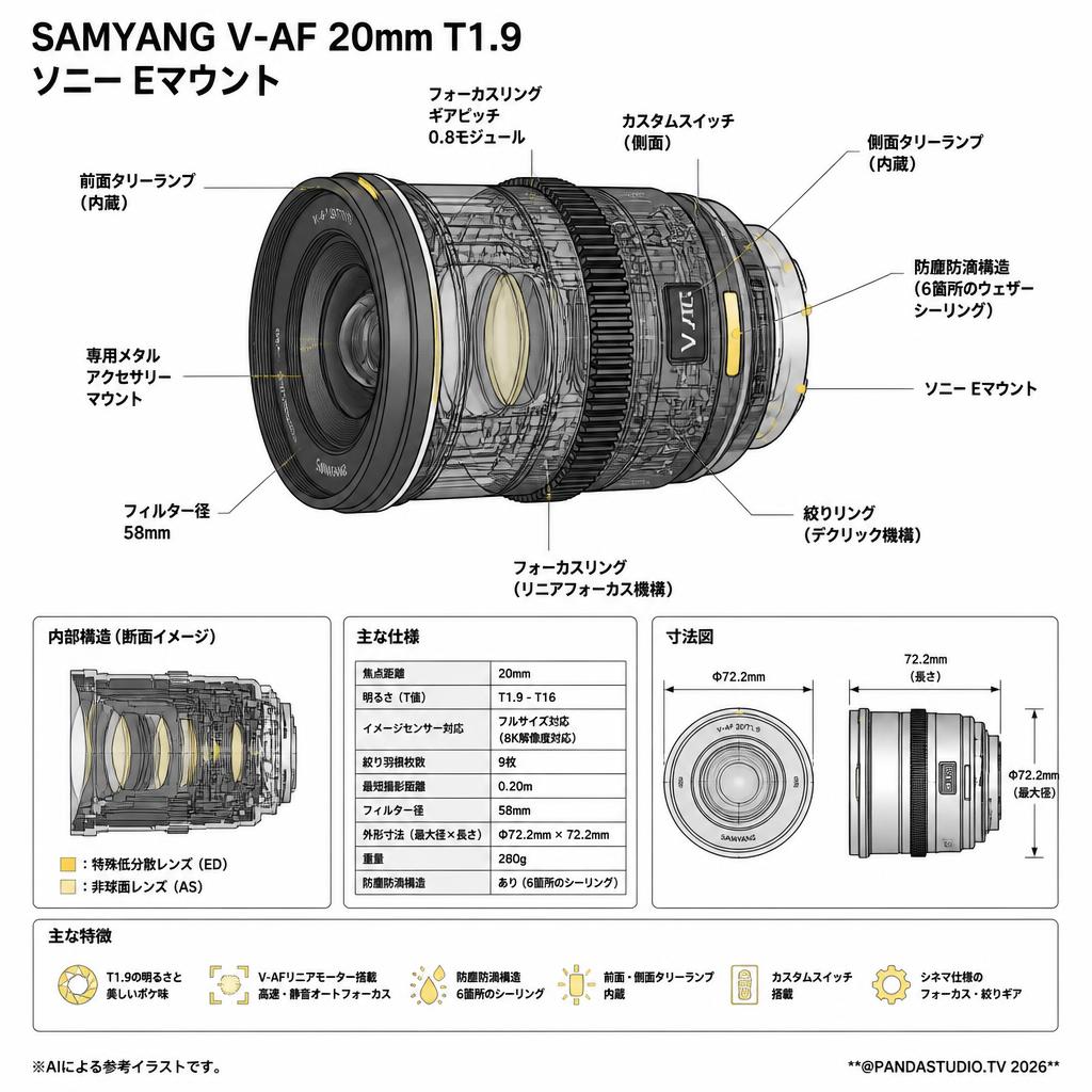 SAMYANG V-AF 20mm T1.9 ソニー Eマウント スペック