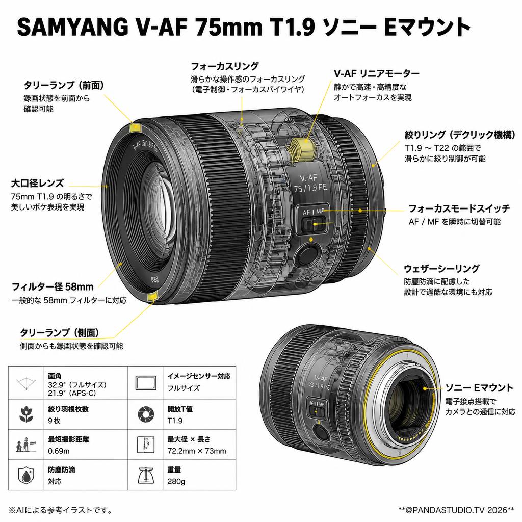 SAMYANG V-AF 75mm T1.9 ソニー Eマウント スペック