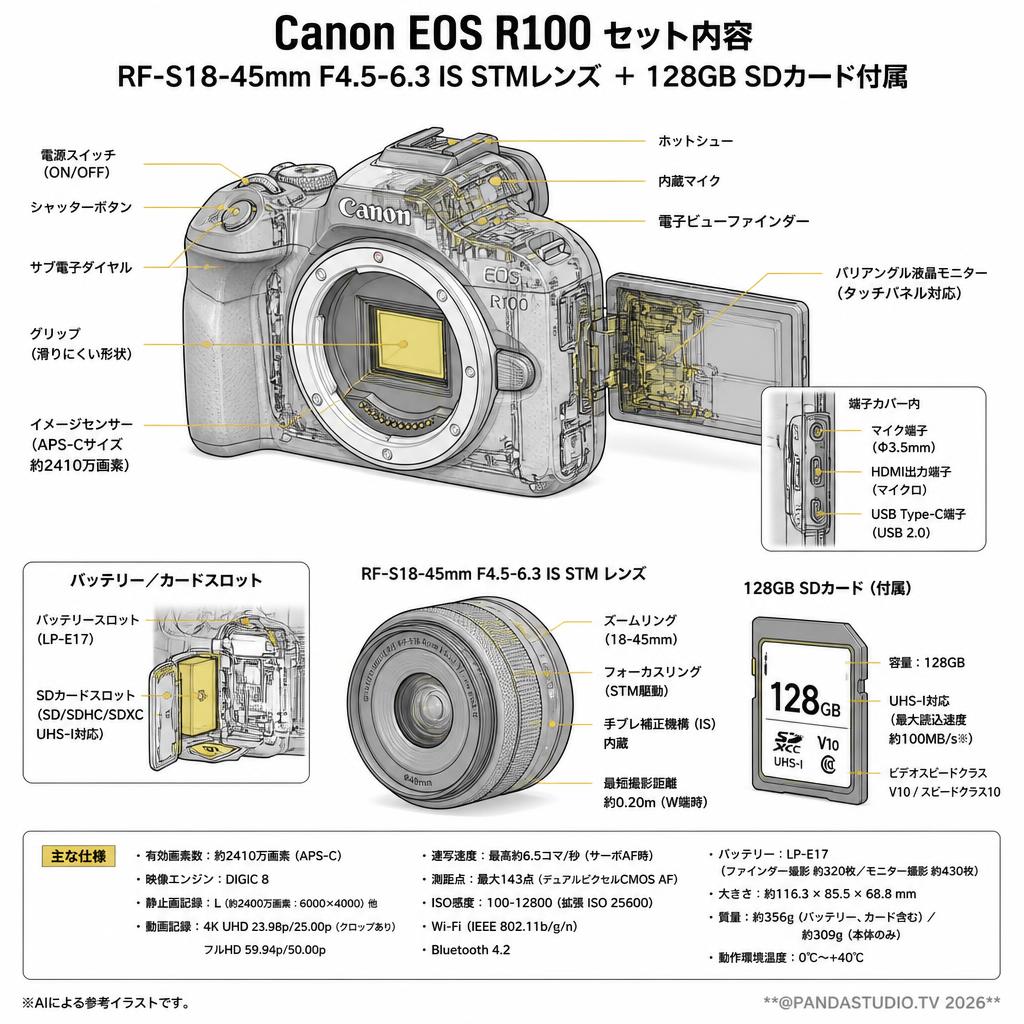 Canon EOS R100  SDカード128G付属 ＋RF-S18-45mm F4.5-6.3 IS STMレンズ＋128GB SDカードセット スペック