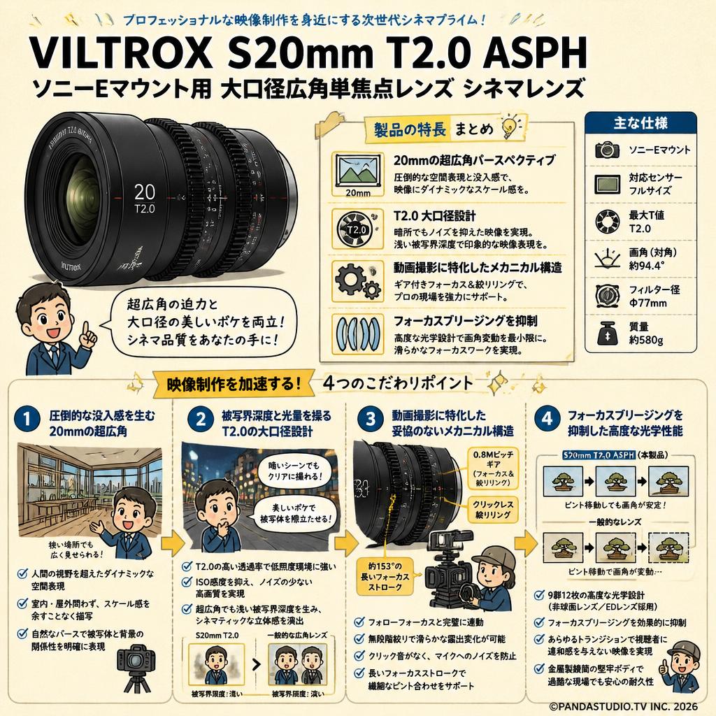 VILTROX S20mm T2.0 ASPH ソニーEマウント用 大口径広角単焦点レンズ シネマレンズ 概要
