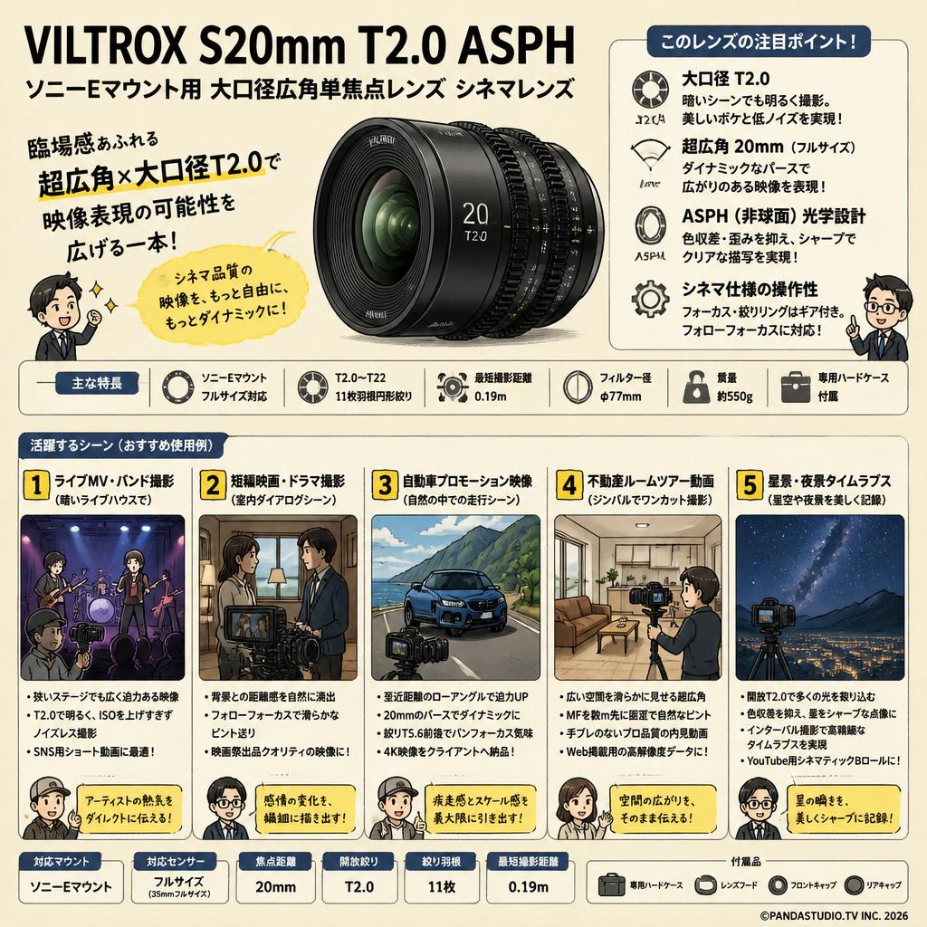 VILTROX S20mm T2.0 ASPH ソニーEマウント用 大口径広角単焦点レンズ シネマレンズ 用途