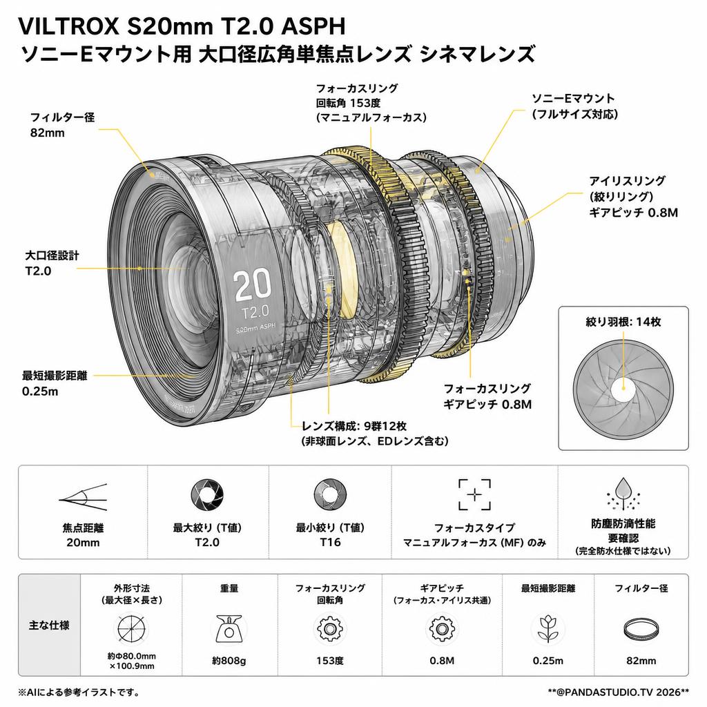VILTROX S20mm T2.0 ASPH ソニーEマウント用 大口径広角単焦点レンズ シネマレンズ スペック