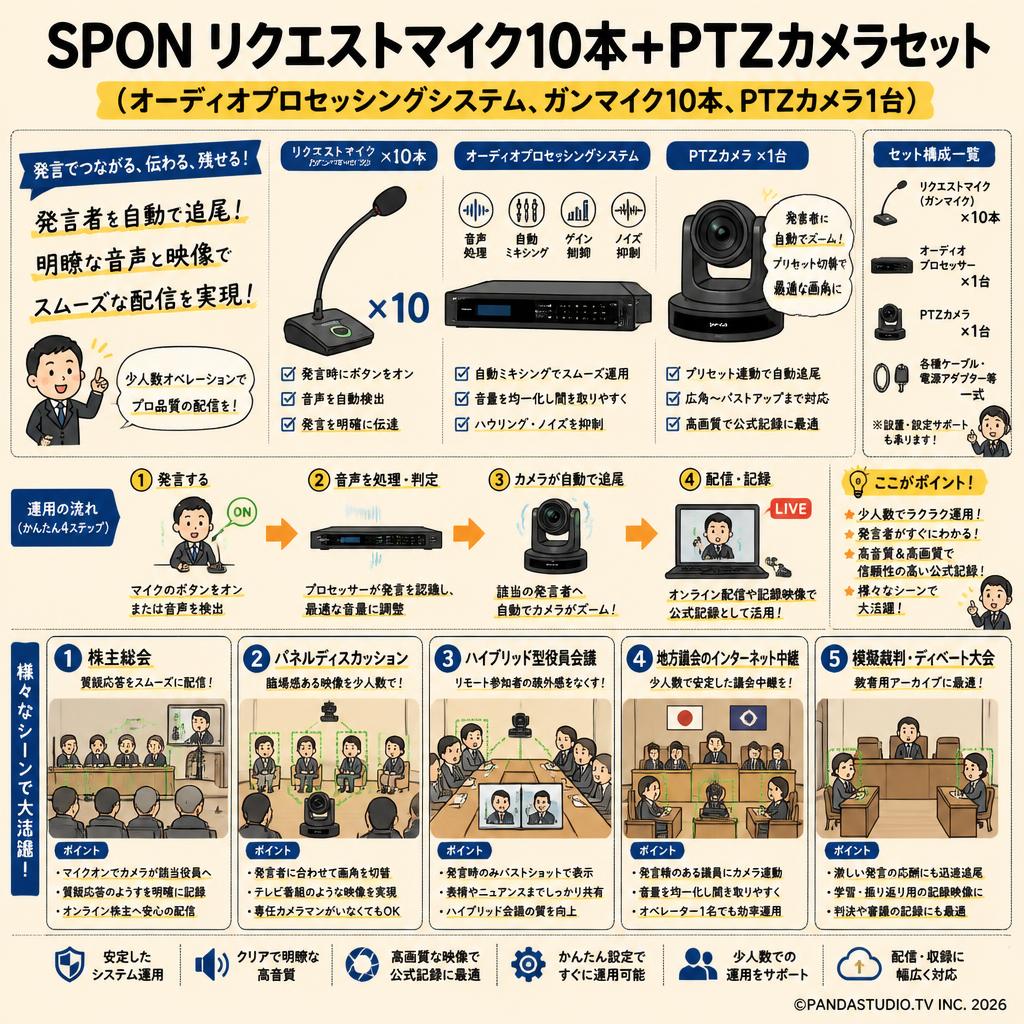 SPON リクエストマイク10本+PTZカメラセット（オーディオプロセッシングシステム、ガンマイク10本、PTZカメラ1台） 用途
