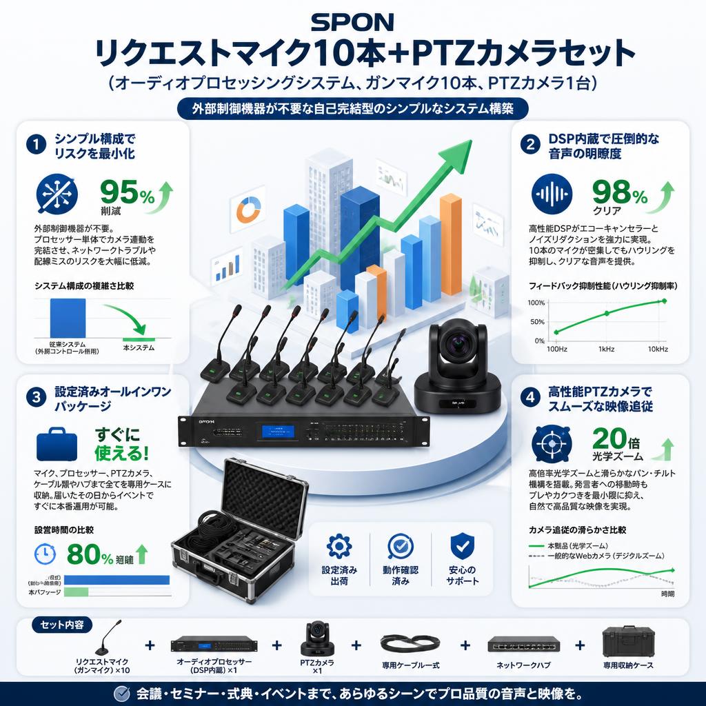 SPON リクエストマイク10本+PTZカメラセット（オーディオプロセッシングシステム、ガンマイク10本、PTZカメラ1台） セールスポイント